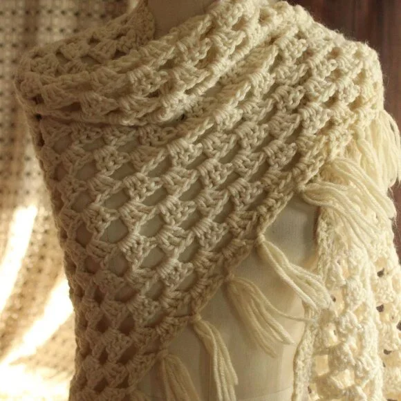 Vintage 1960s 1970s Shawl, Ivory Knit with Fringe Cape or Wrap
